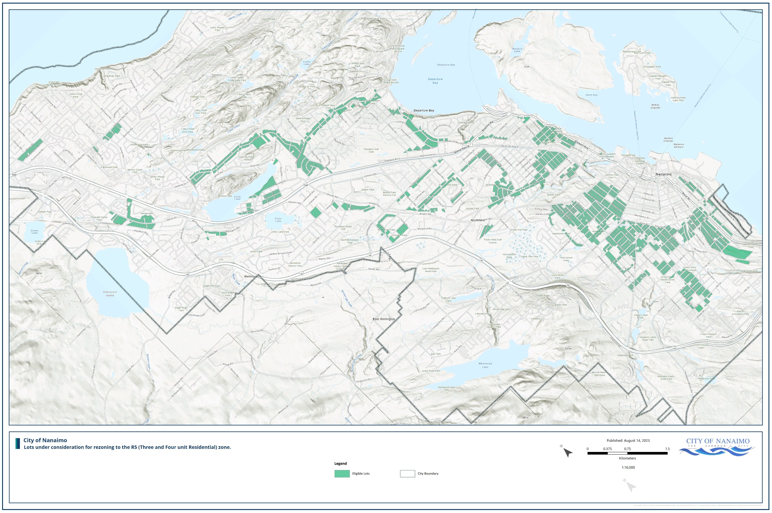 To increase the supply of triplexes and fourplexes, a much needed housing form, the city is proposing to prezone
key sites across the city. Prezoning means that three or four units could be constructed on a lot without going through a rezoning process. The City is proposing to prezone existing single family (R1/R1b) and duplex (R4) lots within a 1km buffer from the downtown, and within the
‘Neighbourhood’ designated areas in City Plan. (City of Nanaimo)