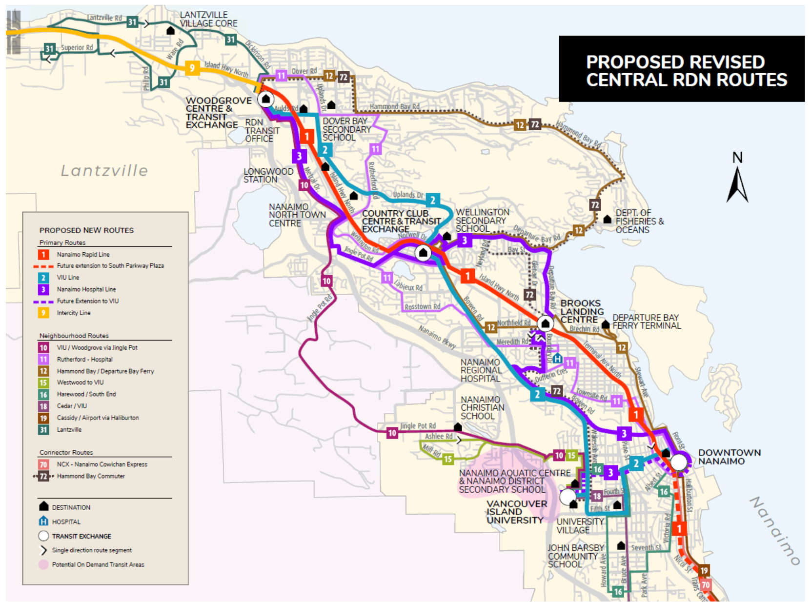 Proposed network restructuring of all Nanaimo bus routes from a 2022 report. (Regional District of Nanaimo))