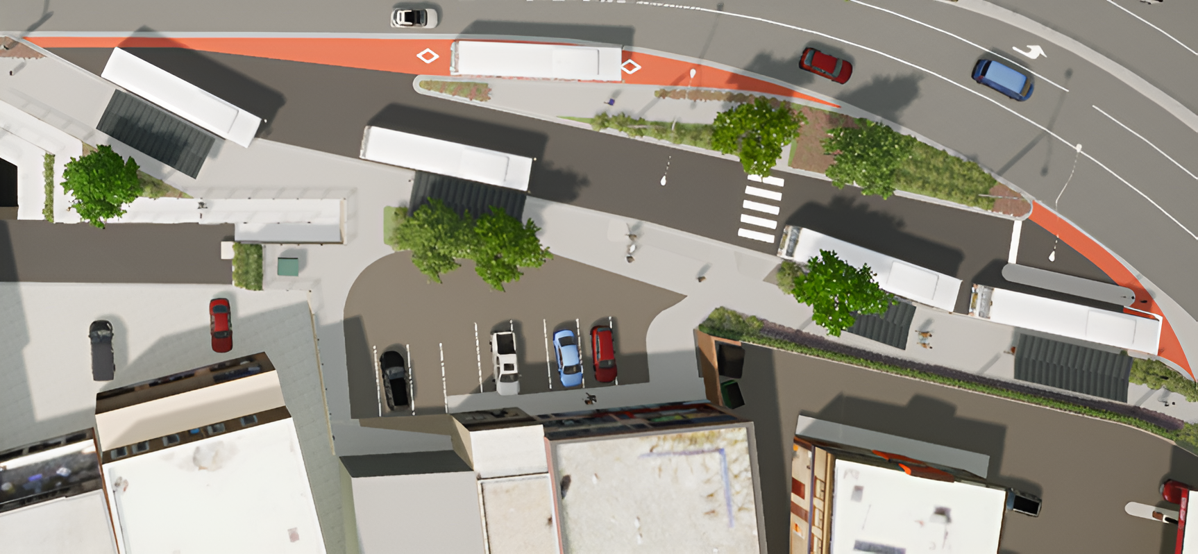 Top-down render of the transit exchange Downtown showing parking, bus pullouts. (City of Nanaimo))