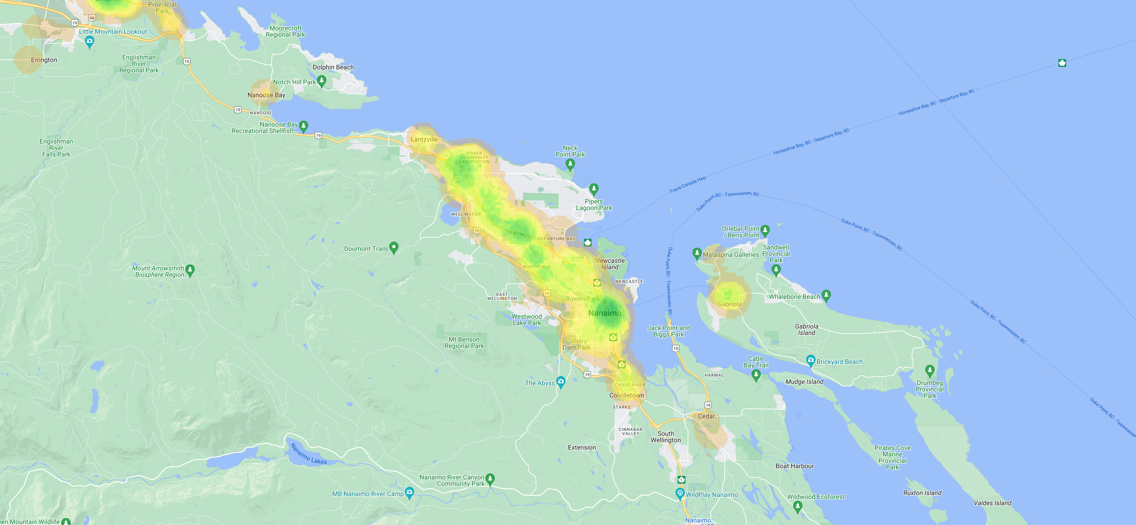 Nanaimo's terrible walkscore heatmap. (Walkscore)