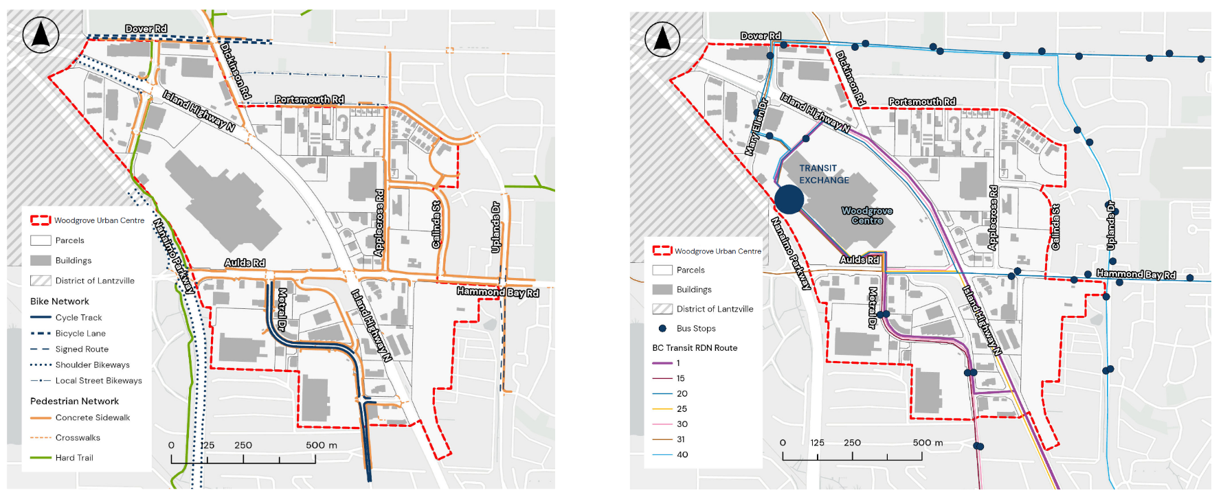 The current roadway network for Woodgrove (left) and the current transit network for Woodgrove (right) shows how the highway and parking lots of Woodgrove Mall create a "moat" which separates the residential neighbourhoods to the East from the commercial and workplace destinations to the West.