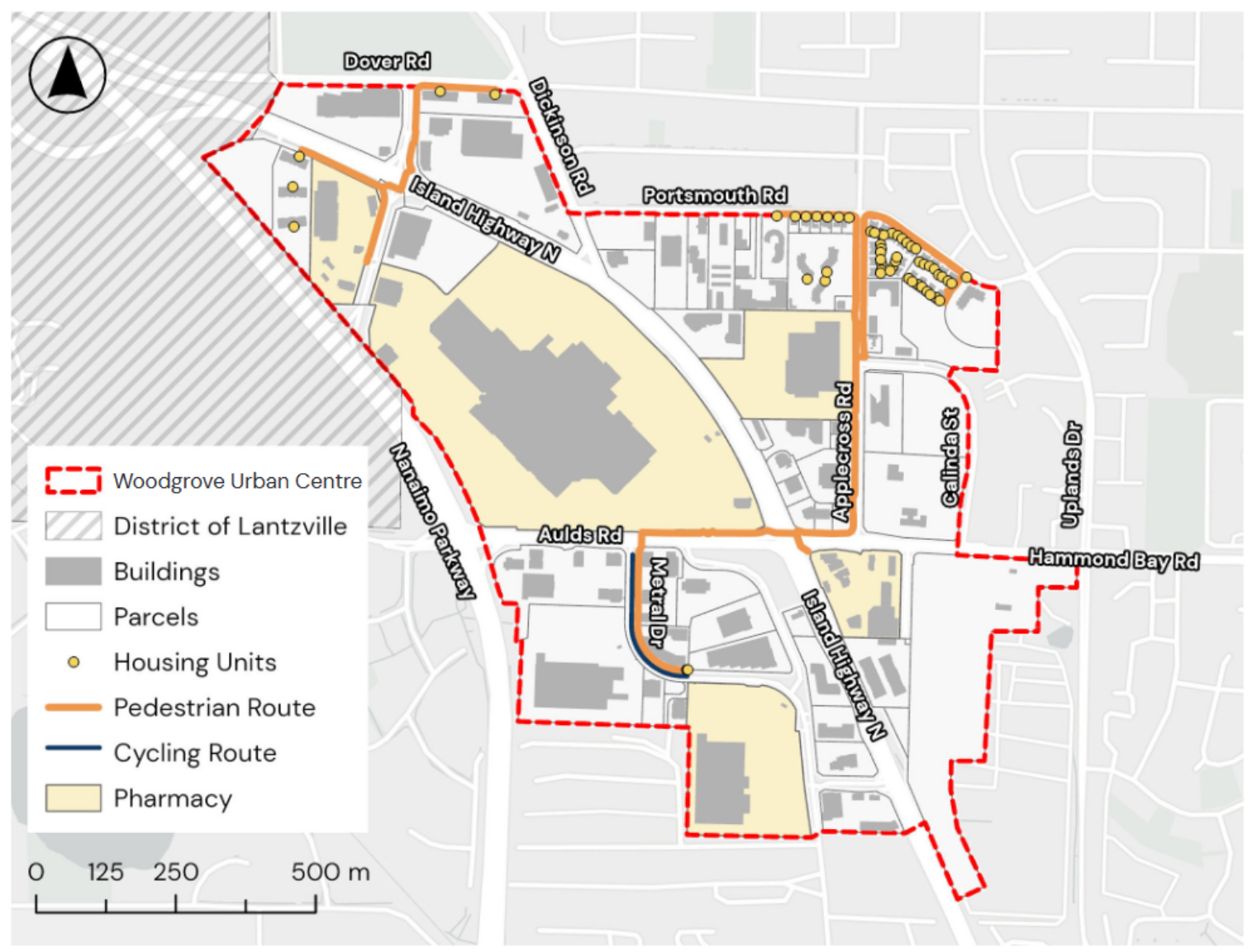 The Woodgrove Area's walking & cycling routes map further showcases the region's lack of permeability between neighbourhoods and uses. It's challening to commute to work, school, or commercial destinations outside of a vehicle.