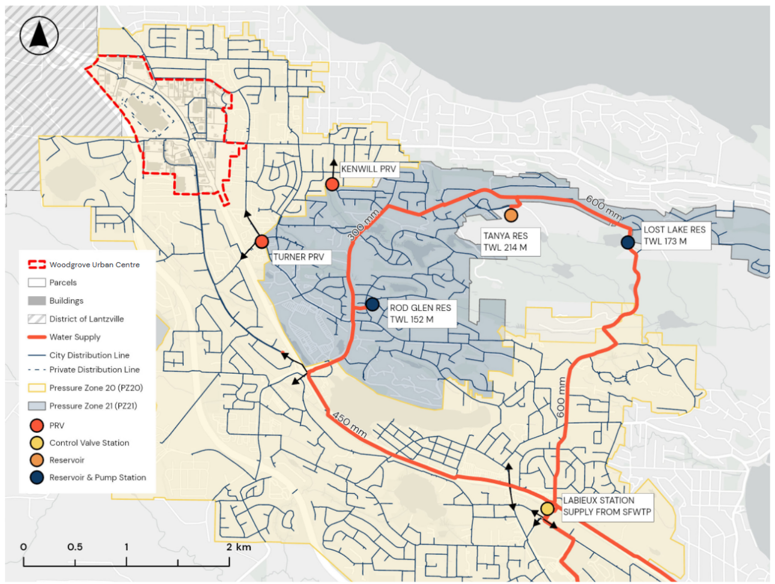 North Nanaimo's municipal water system. Woodgrove is highlighted in the top-left of the image.